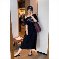 批发新款字母印花绑带收腰斜肩<b class='q'>宽松</b>短袖连衣裙长裙