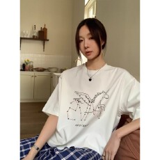 批发韩版通勤风圆领纯棉<b class='q'>短袖</b>印花<b class='q'>T</b><b class='q'>恤</b>女夏宽松型独角兽图案上衣