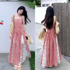 批发打揽+肩带法式<b class='q'>夏季</b>格子复古抹胸连衣裙气质收腰拼接显瘦<b class='q'>长裙</b>子