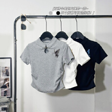 40支精梳棉 210克 金属扣刺绣蝴蝶百搭夏季修身新中式显瘦立领t恤