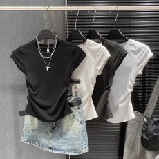 批发连肩后包条性感辣妹收腰褶皱t恤女夏<b class='q'>打底</b>衫短袖圆领修身<b class='q'>上衣</b>