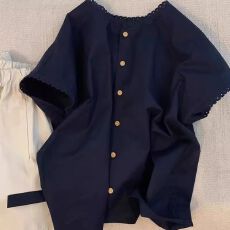 批发21支精梳棉+原版,300斤<b class='q'>大码</b>法式花边短袖夏季宽松高级感纽扣系带