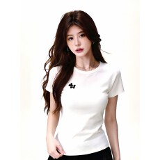 批发260克人棉<b class='q'>白色</b>圆领小马印花正肩短袖T恤女夏季辣妹风修身显瘦上衣