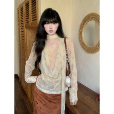 批发法式复古印花蕾丝荡领飘带衬衫女春夏辣妹宽松气质设计感<b class='q'>长袖</b>上衣