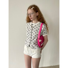 批发2026新款早夏圆领短袖波点针织<b class='q'>开衫</b>女修身显瘦气质百搭通勤上衣女