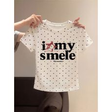 批发40支210克精梳92%棉+8%氨纶后包领修身正肩短袖t恤女夏波点