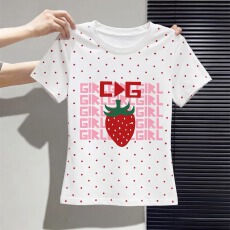 40支210克精梳92%棉+8%氨纶后包领修身正肩短袖t恤女夏波点