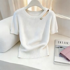 高级感独特漂亮镂空短袖针织衫女2026春夏新款纯色T恤上衣