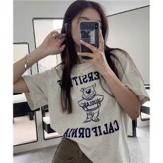批发精梳纯棉230克纯棉宽松落肩印花短袖T恤夏季上衣设计感小众<b class='q'>街头</b>