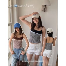 批发辣妹条纹撞色小吊带背心<b class='q'>春</b>夏内搭美背文胸一体带胸垫上衣