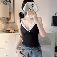批发韩版新款网纱撞色<b class='q'>蕾丝</b>拼接V领吊带背心夏修身显瘦性感上衣带胸垫