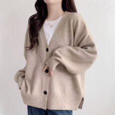 批发针织V领纯色韩版秋季开衫女中<b class='q'>长款</b>宽松<b class='q'>毛衣外套</b>百搭长袖上衣外搭