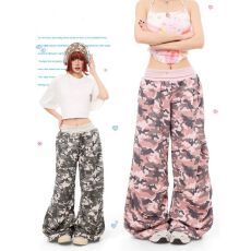 批发纯棉拼接刺绣复古迷彩阔腿裤女<b class='q'>街头</b>宽松显瘦休闲裤辣妹长裤