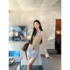 批发甜美学院风Polo领假两件拼接衬衫女条纹显瘦半身短<b class='q'>裙裤</b>秋冬两件套