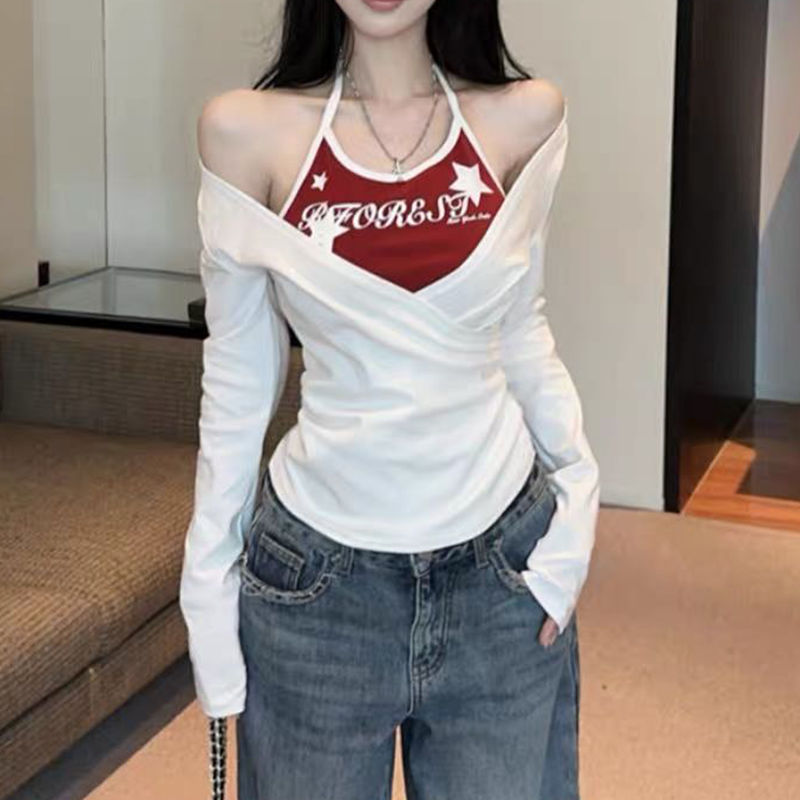 辣妹字母印花撞色假两件长袖女春...