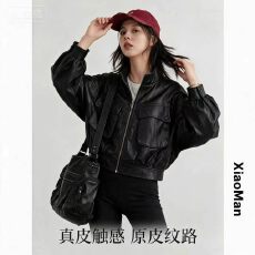 批发韩系复古工装皮夹克女短款宽松灯笼袖设计感做旧皮质显高百搭上衣