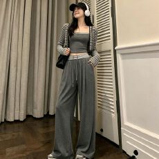 批发原版三件套 爆款新款小众早秋时尚套装背心开衫休闲百搭条纹长裤