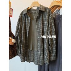 批发胖妹妹日常穿搭显瘦外套春秋上衣复古暗绿格子大码<b class='q'>衬衫</b>女宽松<b class='q'>衬衣</b>