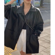 批发韩国chic<b class='q'>春</b>秋季小众帅气翻领单排多扣宽松休闲百搭长袖皮衣外套女