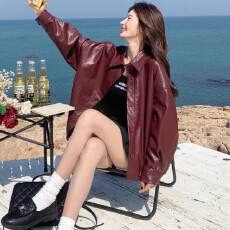 批发又a又飒酒红色皮衣外套女2025秋季新款港风复古休闲pu皮机车夹克