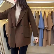 批发咖啡色西装领双面羊毛大衣女短款2025年新款秋冬韩版宽松毛呢外套