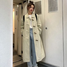 批发纯色学院风长袖牛角扣日系百搭工装休闲外套春<b class='q'>秋</b>新款中长款风衣女