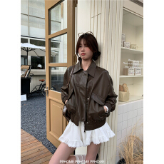 批发复古美式咖色皮衣夹克外套女早秋黑色甜酷风机车PU皮宽松长袖上衣