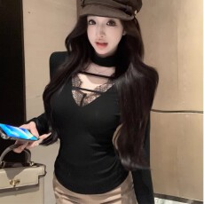 批发260克随心裁秋冬性感蕾丝挂脖修身显瘦黑色t恤女长袖打底衫上衣