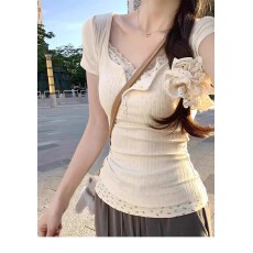 批发设计感假两件碎花拼接长袖T恤女2025<b class='q'>夏季</b>修身减龄打底衫内搭上衣