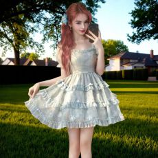 批发甜美可爱花边少女感蝴蝶结方领芭蕾风蓬蓬短袖小个子新款<b class='q'>连衣裙</b>