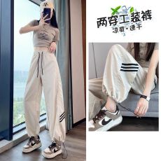 批发2026年新款白色运动裤<b class='q'>女</b>夏薄款小个子束脚防蚊防晒美式束脚工装裤