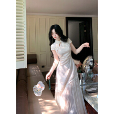 批发民国风复古新中式连衣裙女旗袍改良纯色拼接流苏装饰气质高端长裙