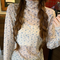 批发韩系木耳边<b class='q'>高领</b>蓝色碎花长袖T恤女春季修身显瘦微透<b class='q'>打底衫</b>上衣潮