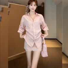 批发官图实价冰氧棉翻领短款<b class='q'>不规则</b>防晒衬衫上衣新款秋小衫衫衣女装