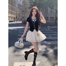 批发甜美时尚假两件上衣收腰短裙两件套夏季日系软妹t恤<b class='q'>蓬蓬</b><b class='q'>裙套装</b>女
