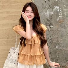 批发原版面料做法#甜美风橘色花边<b class='q'>雪纺</b>衫女夏季别致荷叶边衬衣温柔风