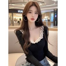 批发纯欲风辣妹方领蕾丝拼接长袖t恤秋季修身显瘦短款绝美打底上衣潮