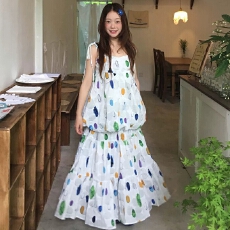 批发原版做法 田园风<b class='q'>彩</b>色印花吊带两件套新款小个子度假风大摆裙套装