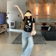 批发210克精棉立体花朵圆领正肩短袖t恤女夏季装宽松显瘦韩系百搭上衣