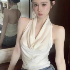 批发260克随心裁纯欲风荡领挂脖吊带背心女夏季辣妹<b class='q'>修身</b>露背白色上衣