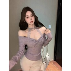 批发3*1德绒紫色扭结v领T恤女秋季性感<b class='q'>气质</b>内搭打底衫辣妹长袖上衣