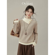 批发欧阳喜未眠夜设计感撞色翻领<b class='q'>针织毛衣</b>冬季新款套头长袖上衣