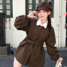 批发秋<b class='q'>冬</b>厚款毛呢连衣裙女灯笼袖圆领系带高级感小个子呢子外套大衣