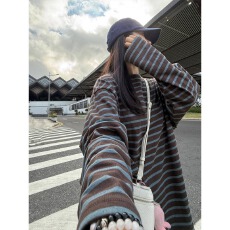 批发官图不减价#韩系慵懒风条纹宽松长袖T恤女<b class='q'>春</b>秋季百搭显瘦宽松上衣