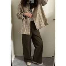 批发韩系简约<b class='q'>百搭</b>开叉格子长袖衬衫女秋季休闲风宽松显瘦翻领上衣衬衣