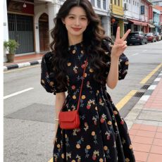 批发2026复古黑色碎花圆领泡泡袖衬衫裙<b class='q'>夏</b>季收腰大摆a字度假连衣裙女