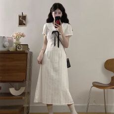 批发大码法式学院风短袖连衣裙女微胖mm<b class='q'>夏</b>季温柔风娃娃领显瘦气质长裙