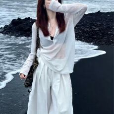 批发薄款微透白色长袖女纽扣百搭简约风t恤2026夏季<b class='q'>防晒</b>女上衣