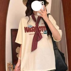 批发纯棉螺纹领口后包边夏季宽松带围巾刺绣字母<b class='q'>短袖</b>T恤<b class='q'>男</b>女上衣