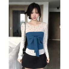 韩系甜美碎花网纱长袖T恤女春夏秋叠穿蝴蝶结抹胸两件女上衣